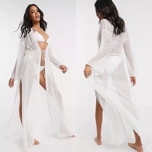 ASOS DESIGN tie front maxi beach kimono cover up in silver white metallic